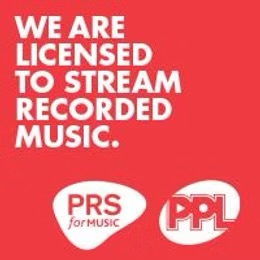 Red graphic with white text stating “We are licensed to stream recorded music,” above PRS for Music and PPL logos.